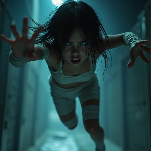 Young ghost girl with blue eyes flying towards viewer. Stern expression. Feet and body off ground. Reaching out to choke viewer. Wearing crop top and shorts made of bandages. Dark lighting.