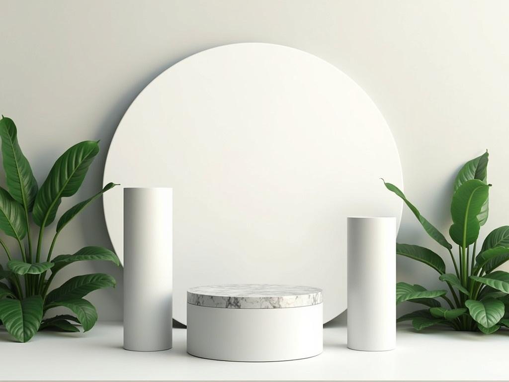 The image displays a minimalist and modern scene featuring three pedestals of varying heights. The two taller pedestals are cylindrical, while the shortest pedestal in the center has a circular top with a marble texture. Surrounding these pedestals are lush green leaves and plants, adding a natural element to the design. Behind the pedestals is a large circular backdrop that is smooth and white. Soft shadows from the leaves and pedestals create a serene and artistic atmosphere, highlighting the geometric shapes.