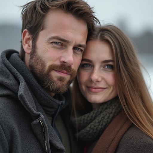 A portrait featuring a man and a woman in a romantic setting outdoors. They display warm smiles and appear to be in love. The background is softly blurred to emphasize the couple.