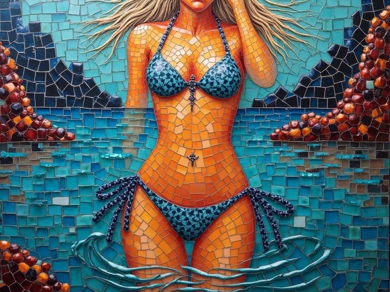3d iridescent ceramic tile and glass mosaic featuring an abstract design of a woman in a vulcano bikini. This encaustic flashy mixed media piece emphasizes vivid colors and pattern integration.