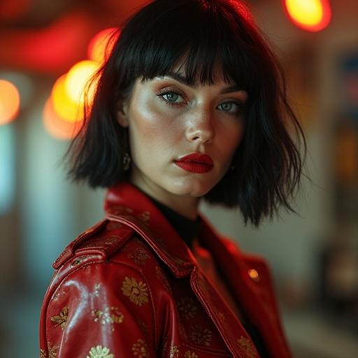 Cinematic fashion photography featuring a beautiful punk rock pin-up in a vibrant atmosphere. Model has a striking look with bold lipstick and a red leather jacket. Background blurred with warm lighting effects.