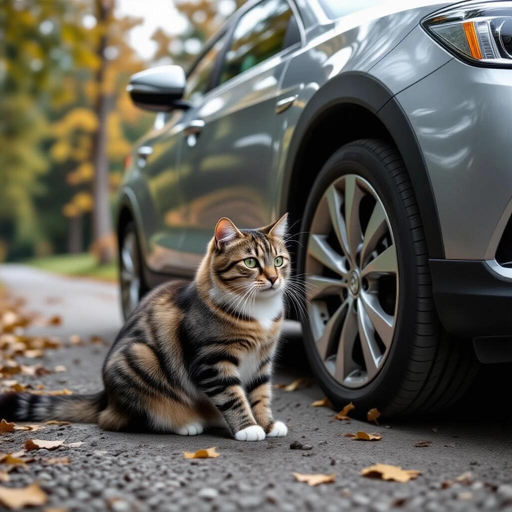 A striped cat sits on the ground next to a parked car. The setting features autumn leaves around a country road. The cat looks relaxed and attentive while the car gleams in the sun.