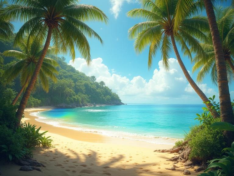 Hyperrealistic tropical paradise with tall palm trees swaying. Golden sand glows under sunlight. Crystal-clear turquoise water with sparkles. Faint rainbow mist rises above vegetation. Blue sky with clouds. Peaceful and enchanted feeling. No animals or footprints. Cinematic magic atmosphere.