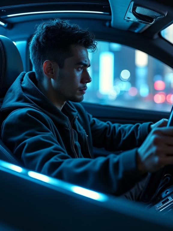 A man drives a futuristic car. Tense posture with hands gripping the wheel. Eyes focused ahead. Cabin features glowing blue neon lamps. Car window reflects city lights in cyberpunk style. Interior elements are detailed and metallic. Render resembles cinematic anime style.