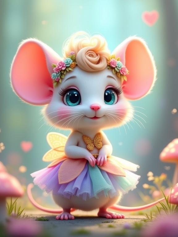 Delightful anthropomorphic mouse in a pastel tutu dress. Features soft silvery-white fur, large aqua-blue eyes, pink button nose, and floral crown. Set in a magical meadow with mushroom houses and sparkling lights. Joyful and whimsical atmosphere.