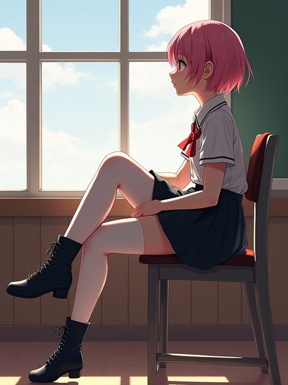 A girl with short pink hair sits in a classroom. She wears a white shirt and a black skirt. She has black boots and white stockings. She gazes out the window. Soft light enters the room. The classroom has a warm atmosphere. There is a chair under her. The scene conveys a sense of peace.