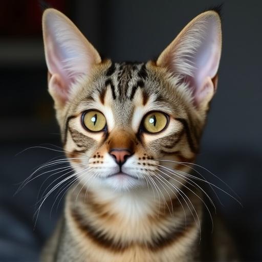 Makarel tabby cat with hazel eyes in a close-up portrait. Focus on the cat's face and expression. Natural lighting enhances the features.