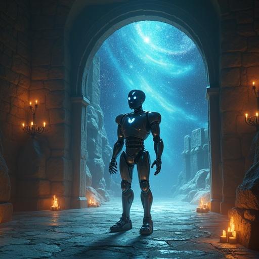 Dimly lit chamber filled with ancient stone. Flickering torchlight surrounds a human-like robot at the center. Smooth metallic skin and glowing blue eyes. Robot activates a shimmering swirling portal. One side shows knights and castles. The other side reveals an endless expanse of stars. Robot's expression is calm and focused as portal pulses with energy.