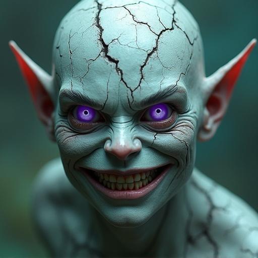 Digital art of a fantasy figure depicting a cracked grey face with a sly grin. Skin is pale with teal cracks. Intense purple eyes enhance the magical look. Style is dark and textured. Background adds to unease. Soft lighting highlights features. Close-up for intimacy.