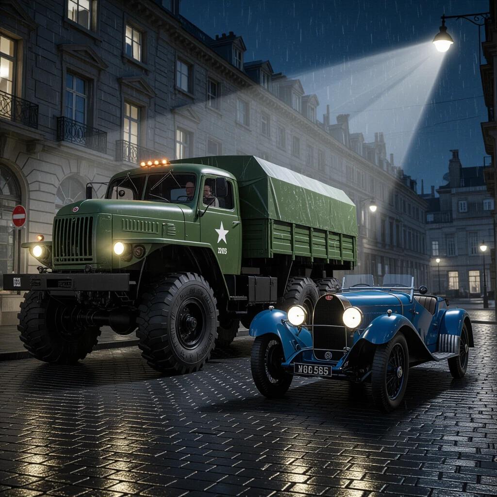 Photorealistic night scene set in Waterloo 2025. Rain-slicked cobblestones glisten under sodium-vapor lamps. A colossal Soviet military truck with titanic wheels on the left dominates the composition. The truck is peeling OD green with heavy rust and glowing headlights that cast massive light beams. A subtle military driver is visible, maintaining an alert posture. Oil drips from the truck. On the right, a 1924 Bugatti Type 35 in French Racing Blue sits still with headlights off and chrome details in shadow, representing passive energy. The narrative contrasts the active presence of the truck with the cold Bugatti, reflecting texture differences between heavy corrosion and polished vulnerability. Holographic ads reflect in puddles while a 'Waterloo' sign gleams on the truck's fender. The atmosphere is enhanced with post-rain mist and long shadows. Shot at ARRI Alexa LF with 35mm lens.