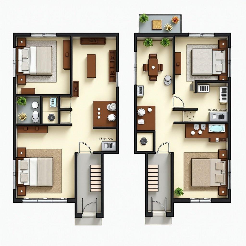 Floor plan of two 2 BHK apartments occupying 300 square yards. Includes main entrance, hall, dining room, bedrooms, bathrooms, lift space, and staircase. Shows room dimensions clearly.