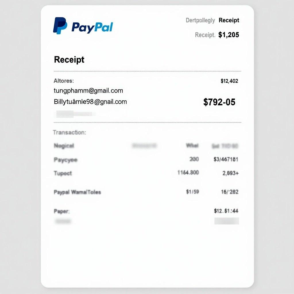 Image shows a PayPal payment receipt with transaction details. Amount transferred is $792.95. Sender email is tungphammm@gmail.com. Recipient email is billytuanle98@gmail.com.