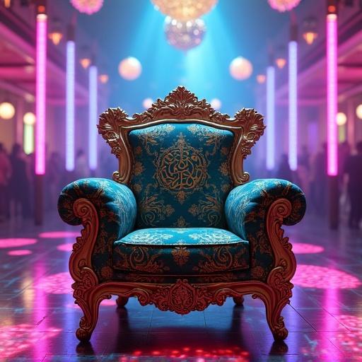 A luxurious intricately carved Iranian-style chair placed in the center of a vibrant disco dance floor. The chair features rich Persian fabrics in deep blues, emerald greens, and gold. Disco environment with neon lights and mirror balls. The contrast showcases a fusion of cultures. Ultra-detailed photorealistic.