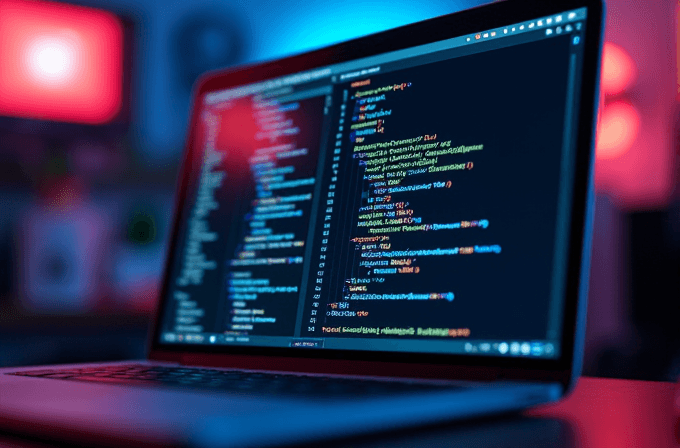 A person in a dark setting works on a computer displaying lines of code, illuminated by cool blue and warm red lights.