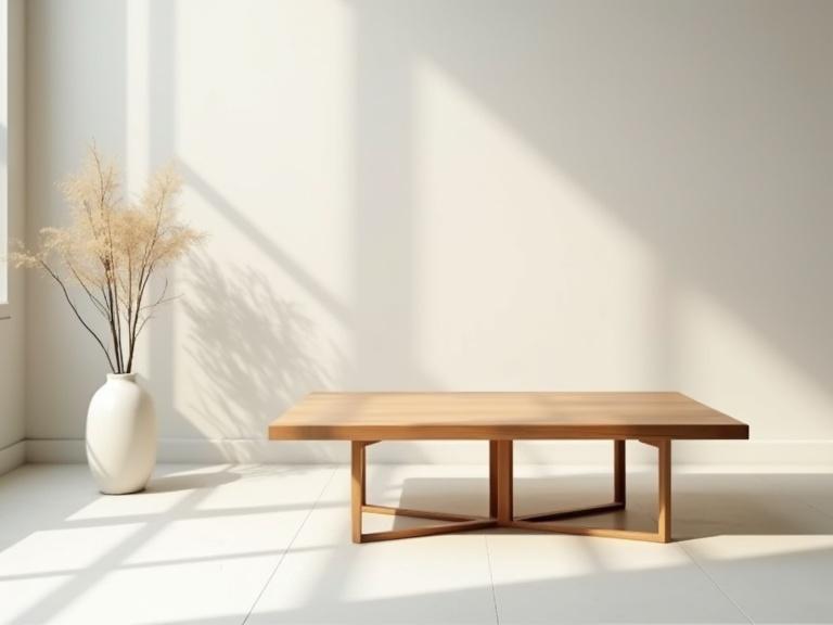 A low-profile wooden coffee table features clean lines. The table is placed in a minimalistic room with neutral colors. A small white ceramic vase stands beside it. The setting is uncluttered with soft natural light and subtle shadows. The overall ambiance emphasizes a calm and modern aesthetic.