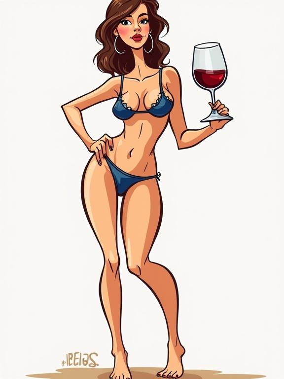 A caricature illustration of a woman in a bikini. She holds an empty wine glass. The art features bold lines and simplified shapes. It has a whimsical character and playful tone.