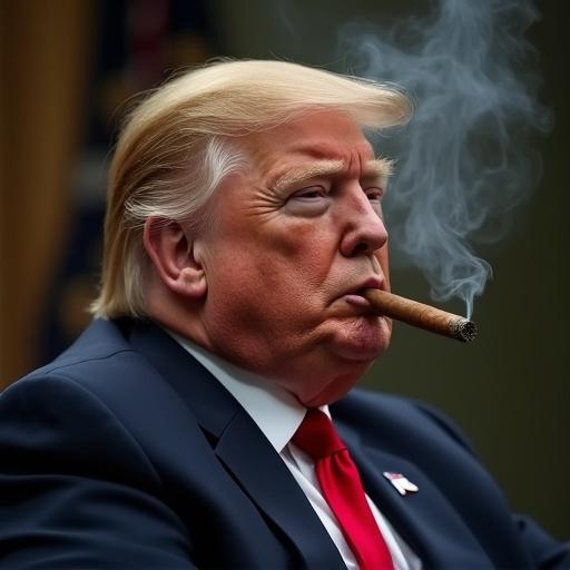 A prominent political figure demonstrates the act of smoking a cigar. The subject is well dressed and appears relaxed. Smoke rises gently from the cigar. The background suggests a formal setting.