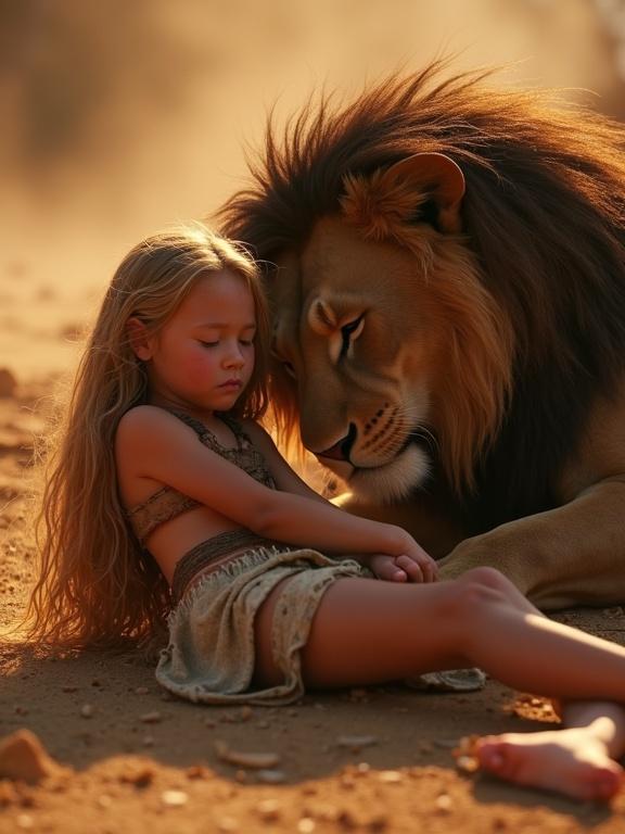 Close up of a young girl and a lion in a post-apocalyptic setting. The girl has flowing hair and is in a tattered loincloth. The lion is friendly and is healing her shoulder injury.