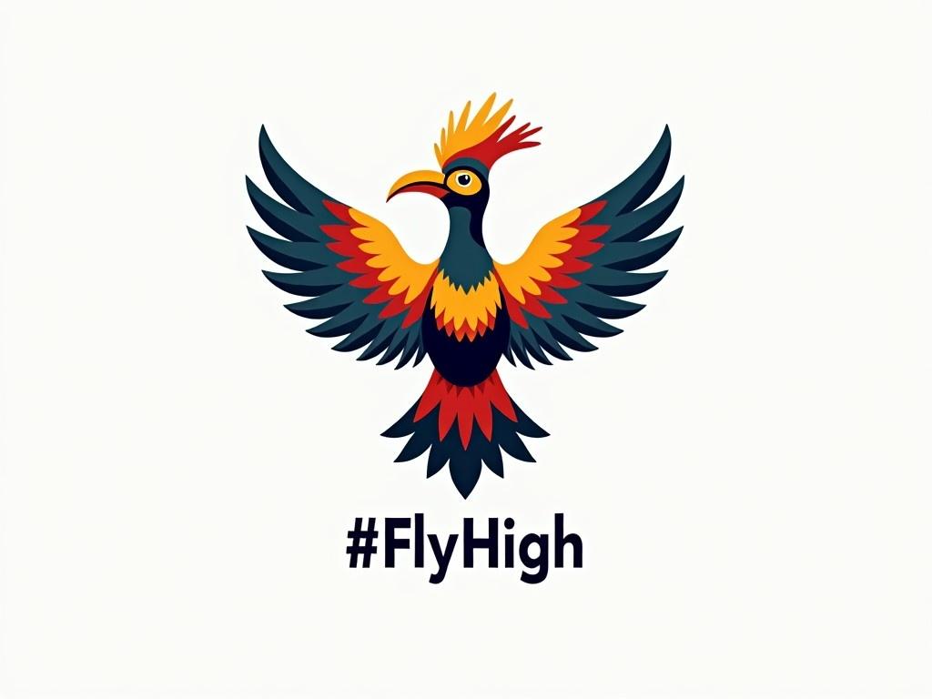 The image showcases a vibrant logo of a hornbill with outstretched wings. The design is colorful, featuring hues of red, yellow, green, and blue. Below the bird, there's a catchy caption, #FlyHigh, which conveys a message of aspiration and freedom. The overall look is modern and appealing, suitable for various eco-related themes. This logo is ideal for promotional initiatives in wildlife conservation or nature tourism.