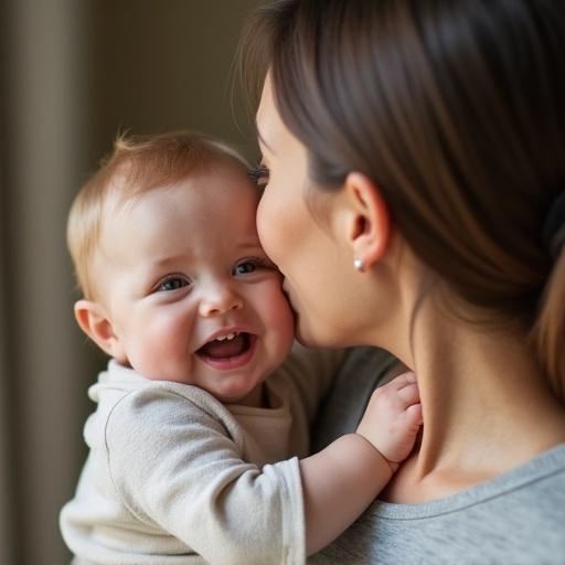 Mother smiles while holding her baby close in a warm indoor setting. The joy of motherhood is evident. The atmosphere is tender and loving.