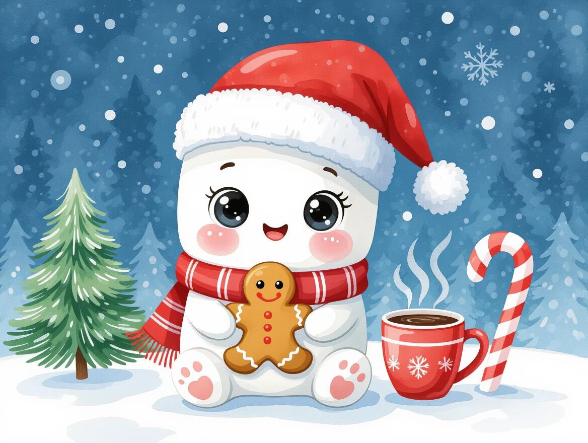 A cute white marshmallow character with big shiny black eyes is wearing a red and white winter hat. The character holds a gingerbread man cookie and a cup of festive hot chocolate. It sits on a snowy background. A small pine tree is on the left. A red and white striped candy cane is on the right. The scene is set in a big pine forest with snowfall. The character's expression is cheerful and festive. The illustration features vibrant colors and soft lines.