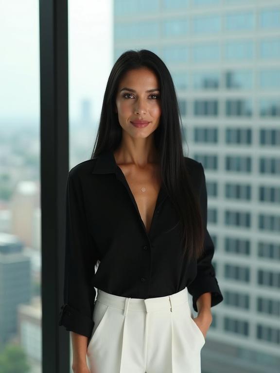 A woman stands confidently in an office setting. She wears a fitted black shirt and white wide-leg pants. Cityscape visible through the window behind her. Professional and modern appearance.