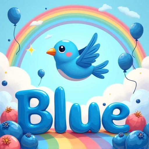 A cute blue bird flies in a bright sky. Blue balloons surround it. Blueberries and a blue toy train are around. A shining rainbow and white fluffy clouds in the background. The word 'Blue' is in big letters. Colorful cartoon illustration for children.