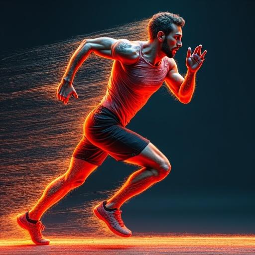 Portrait of a runner created with parallel threads. The figure is in motion. The threads form facial features and muscles. Background threads swirl dynamically, indicating speed. Use of vibrant colors to enhance emotional impact and movement.