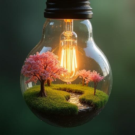A miniature landscape inside a clear glass lightbulb. The internal filament glows like a sun. Features grass, a winding path, pink cherry blossom trees, a serene pond, and a small cabin. The lightbulb has condensation and is suspended by a dark socket with a blurred background. The atmosphere is warm and inviting with high detail.