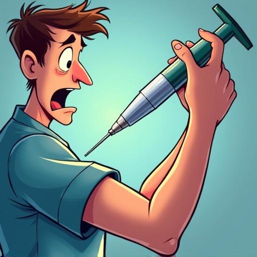 Close-up of a large medical needle. Hand holding the needle. Expression of fear in the setting. Clinical environment with bright lighting. Cartoon artistic style.