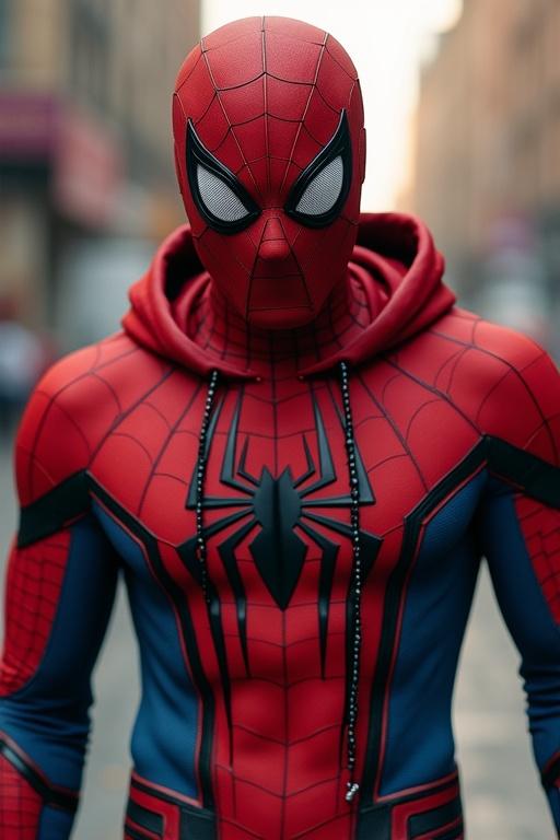 Photo of Spider-Man character in an urban setting. Costume is detailed with a vibrant red and blue color scheme. The character stands confidently with a strong pose. Background reflects a city atmosphere.