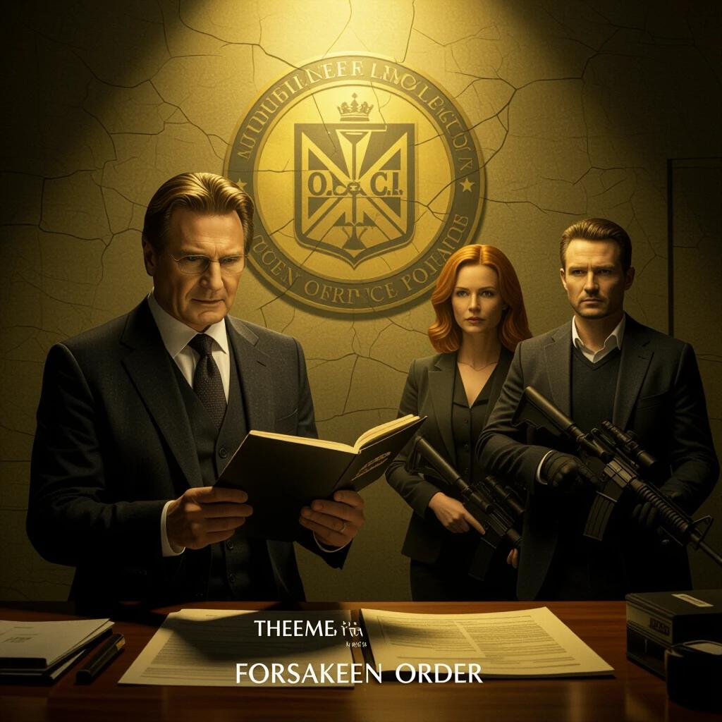 Movie poster for a spy thriller film. Betrayed intelligence officer is opening a confidential dossier. Background features two armed characters facing different directions. Agency emblem O.C.I. is visible. The setting is shadowy and tense with rich textures.