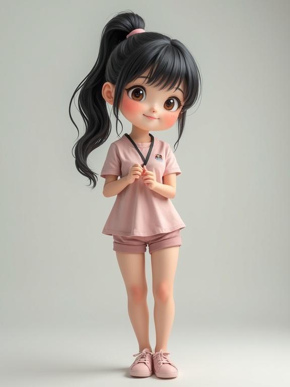 Young woman with black hair in a ponytail. She has a cute face and is smiling. The character stands in a full body shot wearing a pink outfit. The image is high resolution and shows details.