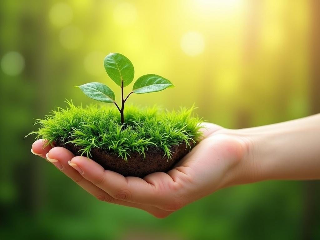 The image depicts a creative representation of nature and care for the environment. One hand appears to be made of lush green scenery, showcasing a small tree growing out of a bed of greenery, symbolizing growth and nurturing. The other hand is a human hand, reaching out to receive the vibrant green hand, signifying a connection between humanity and nature. The background is softly blurred with a gradient of warm colors, enhancing the peaceful atmosphere. This image evokes themes of environmental consciousness and the importance of preserving nature.