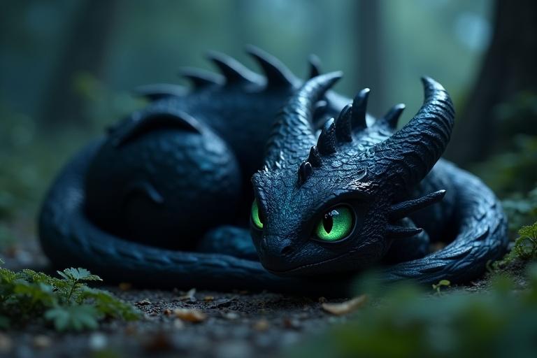 Close-up image of a Night Fury-style dragon curled up in a forest glade. Deep black body with glowing blue-tint scales and large green-blue eyes. One artificial leather wing. Scene illuminated by moonlight.