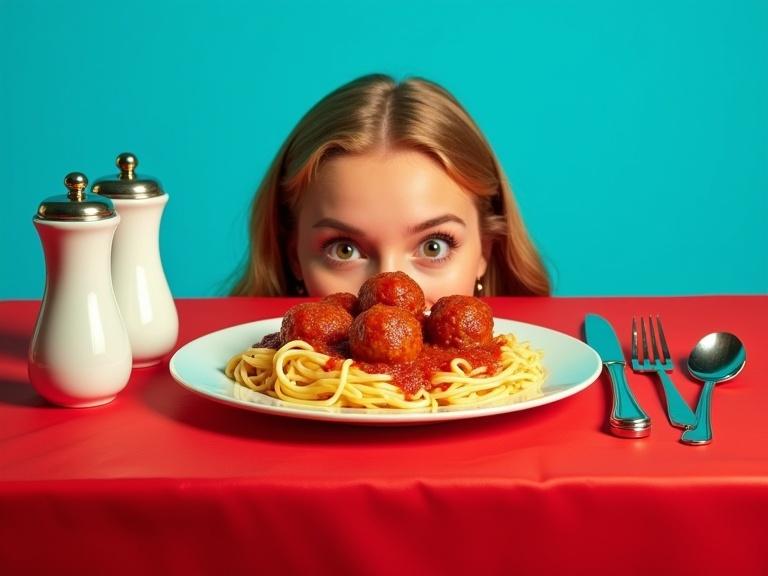 Semi-photorealistic image of a woman's eyes and forehead peeking over a red tablecloth. Plate of spaghetti and meatballs appears prominently. Knife, unusual fork and spoon set are nearby. Salt and pepper shakers on the left. Bright turquoise background contrasts with table elements. Bright and even lighting. Retro aesthetic with a touch of surrealism.