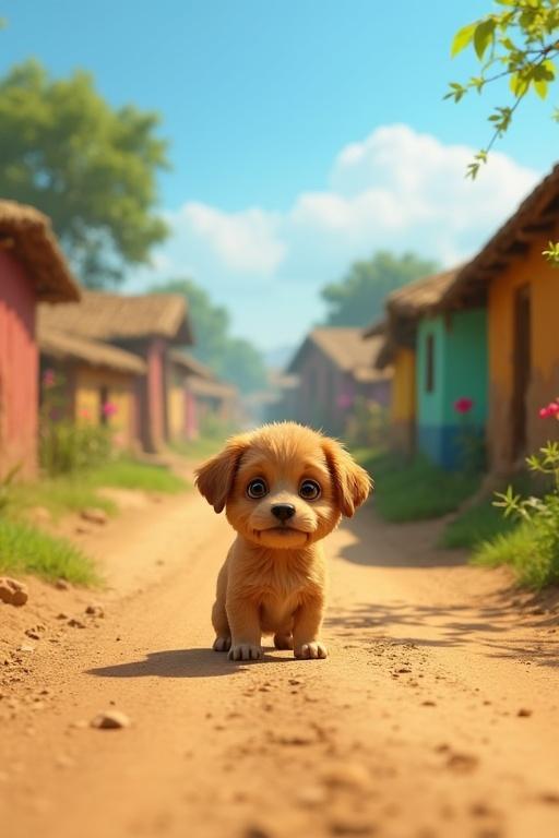 A small scruffy light brown puppy wanders alone on a dusty road in a green village. The road has colorful mud houses and blooming flowers. The sky is clear and blue. The puppy looks hungry and lost with expressive eyes. The scene is warm and emotional with vivid colors.