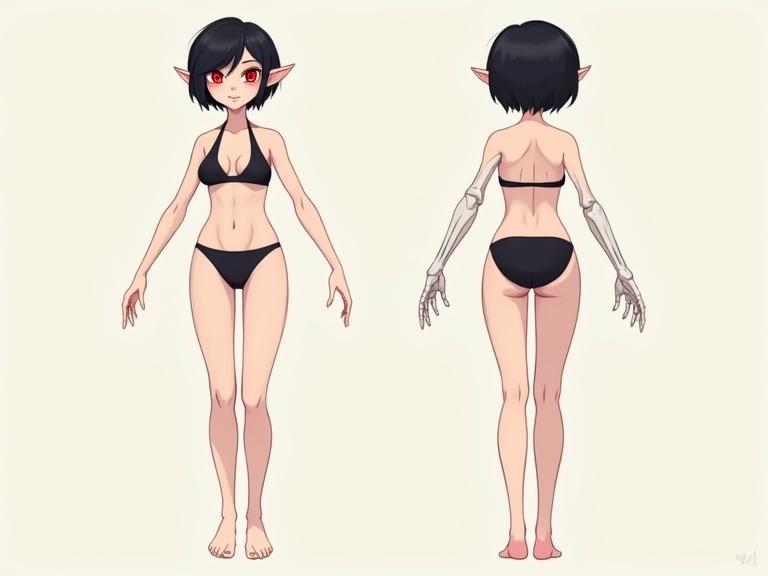 2D digital illustration model sheet features female vampire character. Character shown in A-pose with two views. Includes front view and side view on light background. Character has short black hair, glowing red eyes, pointed ears, and skeletal arm. Wears black bikini for body proportions. Style is clean and semi-realistic, designed for 3D modeling reference.