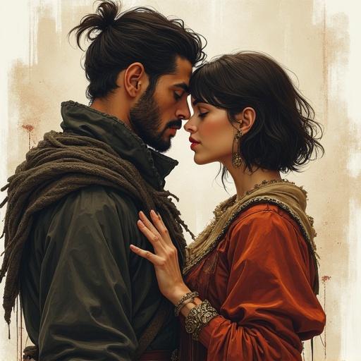 Drawing of a short-haired brown-eyed woman next to two men. One man has short black hair and the other has slightly longer brown hair. Both men are warriors. She is in love with both. Set in a fantasy world.
