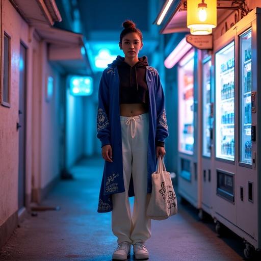 A woman stands confidently in a narrow alley in Seoul at night. Streetwear outfit combines a cropped hoodie and kurta-style jacket. Cream trousers and white sneakers complete the look. A canvas tote with doodles slung over her shoulder. The alley is illuminated by vending machine lights in blue and pink. The scene reflects a vaporwave style with bright neon gradients and dreamlike lighting.