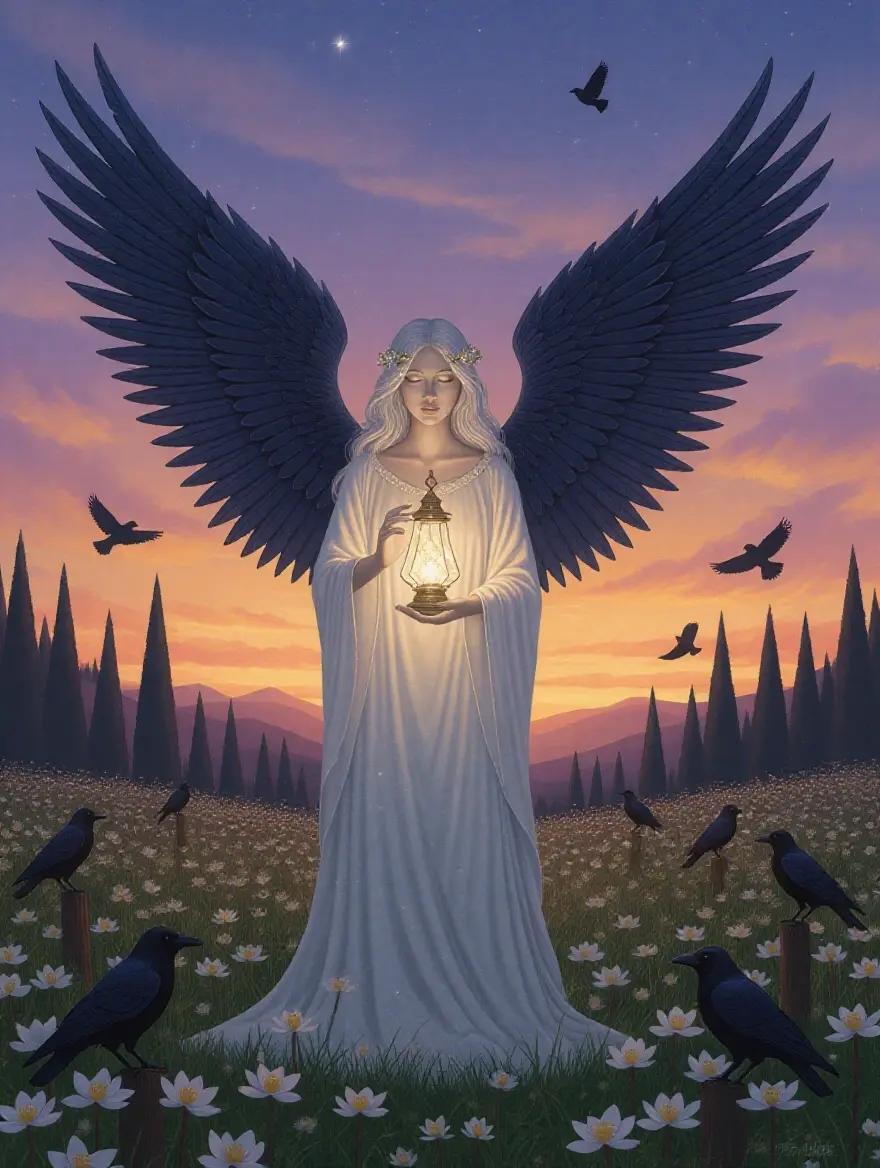 An androgynous angel stands in a twilight field. The angel has large shadowy wings and holds a glowing crystal lamp. The landscape is filled with white flowers under a colorful sky. Ravens fly around in the background with a dark forest nearby.