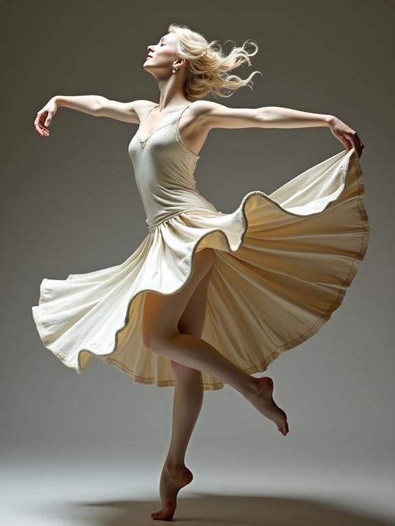A dancer spins elegantly with a flowing skirt and lifted foot. Arms extend gracefully in opposite directions. The soft expression conveys blissful joy. Hair and jewelry swirl with her movement.