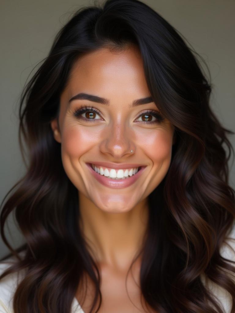 A smiling woman displays long wavy dark hair. Her bright eyes radiate warmth and joy. Soft warm lighting enhances the portrait. The background is neutral, allowing focus on the subject.