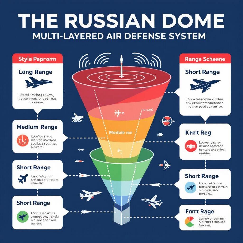 Professional military-style infographic titled The Russian Dome with clean modern design. Vertical layout for LinkedIn with dark background. Color scheme has contrasting layers: red for long range, orange for medium, green for short range. Visual elements include radar waves, missile icons, aircraft silhouettes. Header features title, subtitle, and description. Main content has three layers detailing system names and coverage, illustrated with circles and icons. Dimensions optimized for LinkedIn with high resolution and readable text.