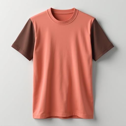 Generate an image of a brown and salmon jersey T-shirt on a light gray background, no human, just the shirt, front-facing, no texts or patterns on the shirt.