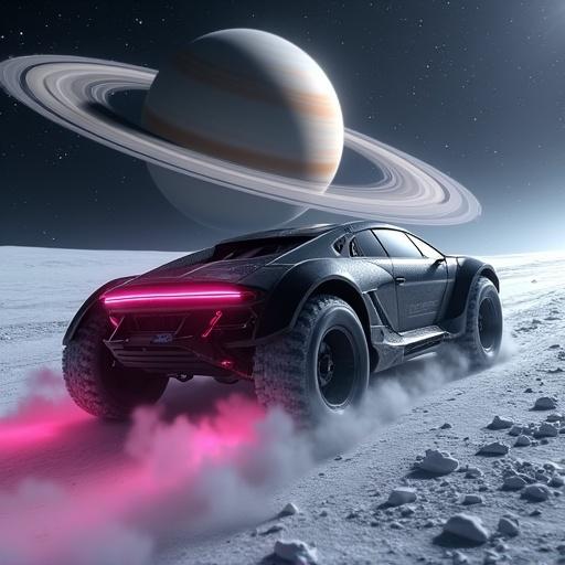Cybertruck drifting at high speed across icy rings of Saturn. Matte black body with neon magenta underglow. Textured steel panels show scuffs and cosmic dust. Spinning tires reveal gritty tread detail. Blasting through stardust and icy debris. Massive Saturn looms in background with gas textures. Harsh lighting creates reflections and shadows. Film grain adds texture. Space filled with faint stars. High detail and gritty realism.