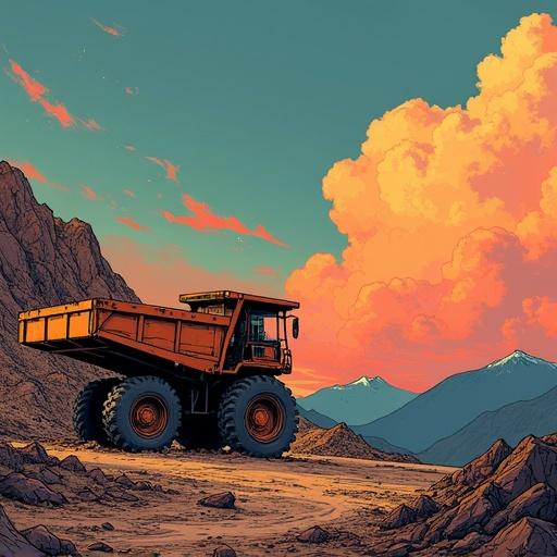 Cartoonish scene in a mining site. Topographers wearing funny outfits including thongs. A large mining truck in a mountainous terrain. Bright color scheme gives a comedic effect.