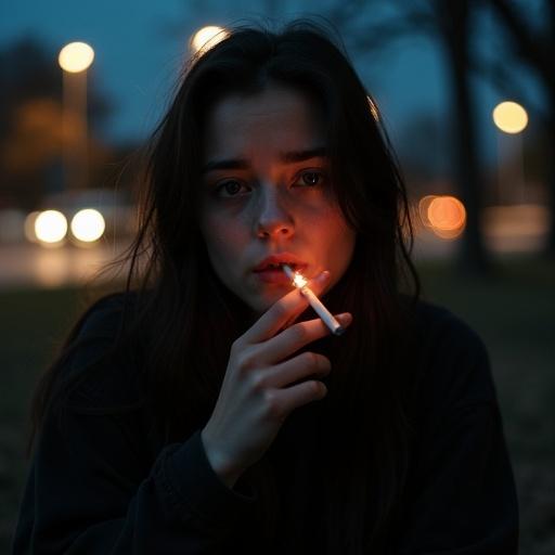 A young woman with long dark hair sits in a dimly lit park during night. She wears dark clothing. Her tired red-rimmed eyes face the camera. She holds a lit cigarette between her lips. Soft streetlight and car headlights create a warm background. The atmosphere is melancholic. The image displays a gritty realistic style with deep shadows and slight motion on her hand.