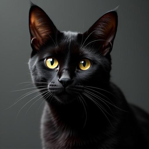Image of a black cat with striking yellow eyes. Focus on the cat's face with soft lighting. The cat looks directly at the viewer.