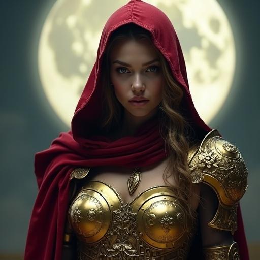 Cinematic high-resolution portrait of a hooded figure in fantasy armor. A female figure stands confidently in ornate golden armor and deep red cloak. Intricate designs on armor. Captivating posture. Moonlit background.
